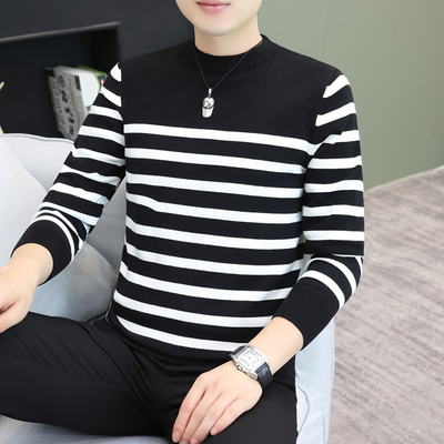 秋冬季圆领男士黑条纹毛衣长袖