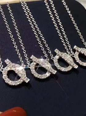 小Q猪鼻子项链欧美超闪满钻OT一字扣圆圈精致甜酷钛钢锁骨链