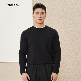 ttelen.韩国长绒精棉撞色正肩长袖 休闲打底健身上衣显身材运动TEE