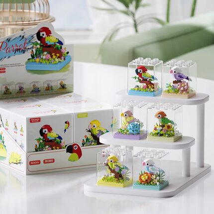 新品樱花蜜语系列鹦鹉小鸟积木花完美结合带透明盒六一儿童节礼物
