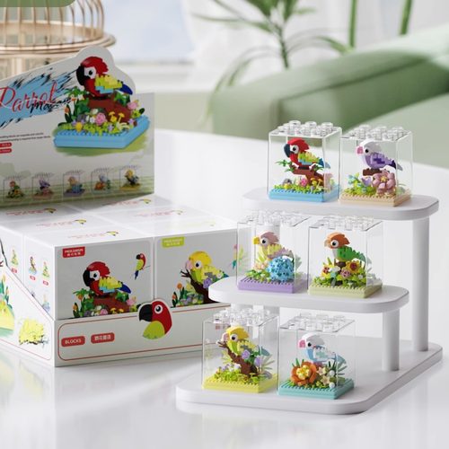 新品樱花蜜语系列鹦鹉小鸟积木花完美结合带透明盒六一儿童节礼物