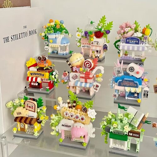 出摊小吃车治愈系花坊商铺小颗粒积木模型桌面摆件男女孩礼物奖品