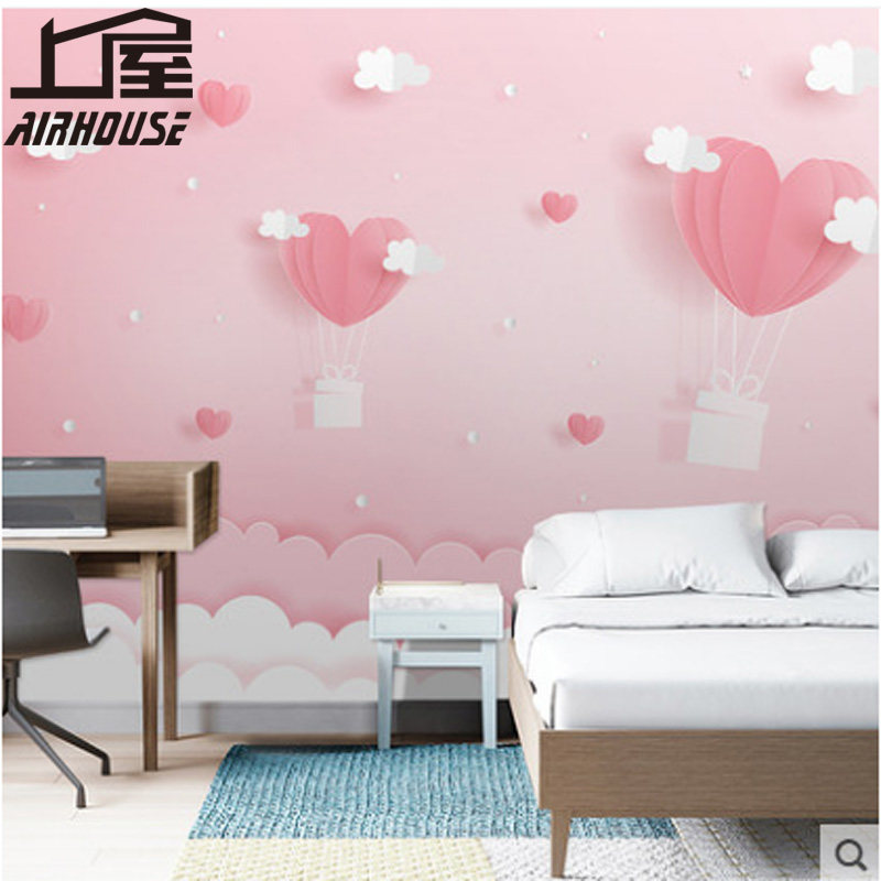 儿童房墙纸ins风格可爱卡通粉色温馨壁画女孩卧室公主房无缝墙布