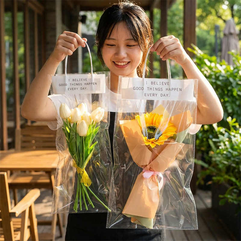 毕业季透明鲜花袋手提袋花束包装袋子七夕情人节单支花束包装定制