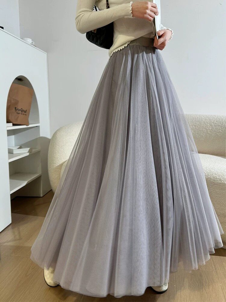 灰色半身裙女秋2025新款网纱高腰a字长裙初秋绝美显瘦纱裙垂坠感