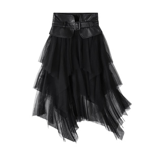 高级感纱裙女2022短裙半身裙皮裙网纱百褶夏季 半裙夏 黑色新款 秋季