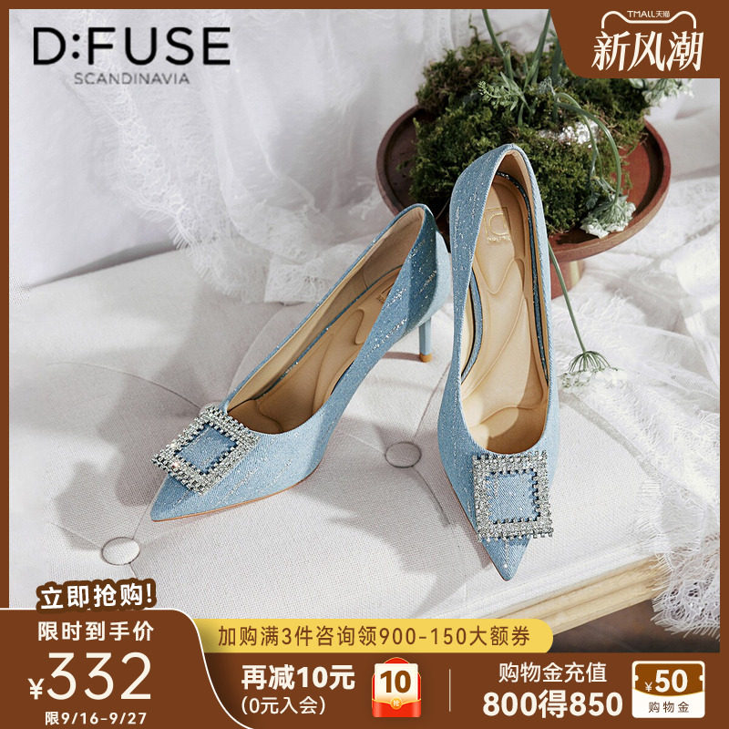 Dfuse春夏新款牛仔布凉鞋通勤钻扣细小香风高跟鞋DF41111054