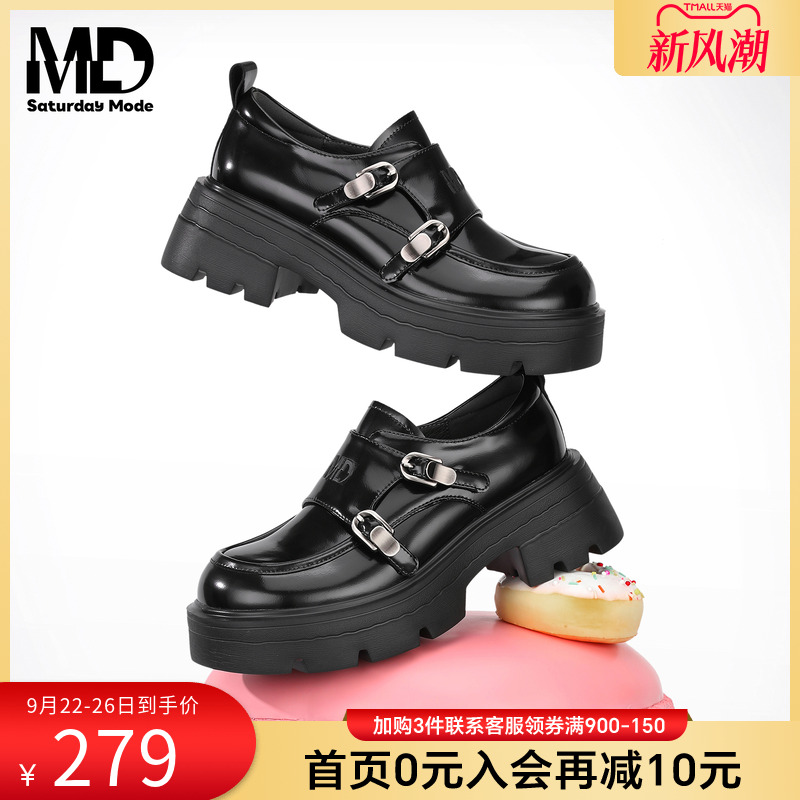 saturdaymode女鞋厚底增高乐福鞋扣子英伦风黑色小皮鞋德比鞋子