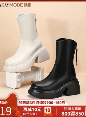 星期六厚底骑士靴秋冬新款v口显瘦粗跟瘦瘦黑色短靴女MD34116D28
