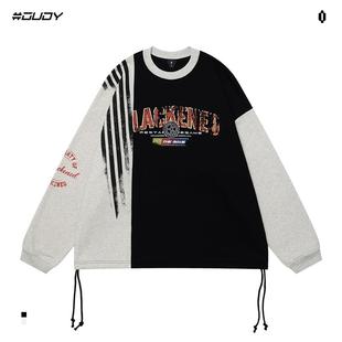 OVDY官方美式 街头宽松加绒上衣潮 复古撞色拼接圆领卫衣男女秋冬季