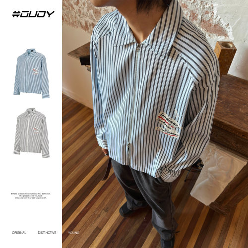 OVDY竖条纹衬衫长袖拉链薄外套