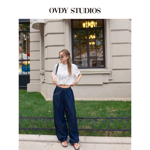 OVDY长裤松紧抽绳棉麻显瘦阔腿裤