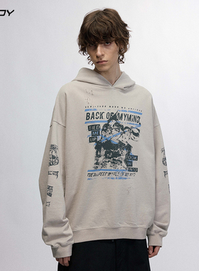 OVDY王橹杰穆祉丞吴宇恒同款重磅美式hiphop印花连帽卫衣男女外套