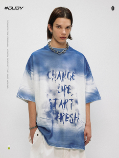 女潮牌夏 宽松高街短袖 OVDY官方王栎鑫同款 复古做旧t恤男印花美式