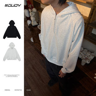 boxy微宽分割连帽卫衣半拉链重磅纯色高棉套头外套衫 新款 OVDY