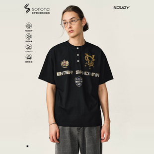 OVDY官方美式 t恤男女潮牌印花ins复古索罗娜凉感上衣 亨利领短袖