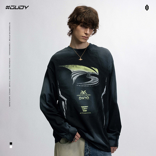复古喷绘宽松上衣女潮 t恤男秋季 OVDY官方国潮美式 高街印花长袖
