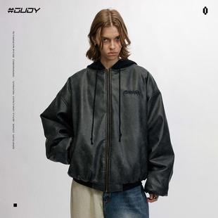 加厚打褶拉链外套 潮牌PU皮棉服男女冬季 OVDY左奇函明星同款 美式