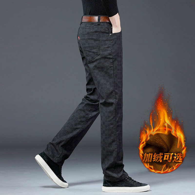 直筒纯棉百搭格子加绒修身休闲裤