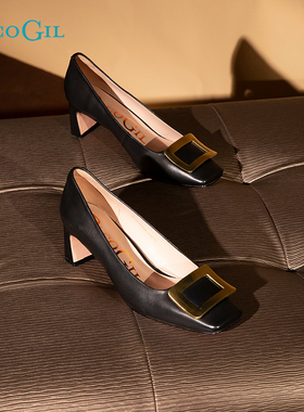 PACO GIL女鞋春季新款方扣时尚粗跟职业单鞋一脚蹬通勤鞋真皮浅口