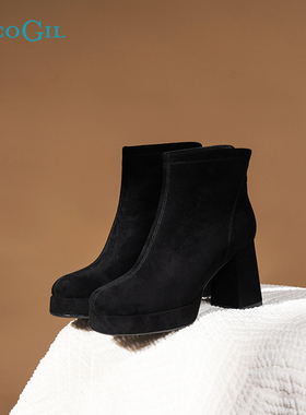 PACO GIL女鞋冬季新款真皮加绒厚底增高弹力靴短靴女时尚瘦瘦靴