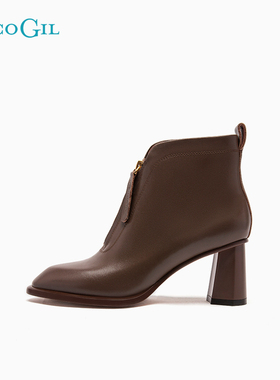 PACO GIL女靴秋冬新款高级感真皮粗高跟时装靴女尖头瘦瘦短靴裸靴