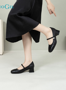 PACO GIL女鞋时尚粗跟舒适方头玛丽珍鞋女25年夏新款真皮职业单鞋