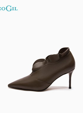 PACO GIL秋冬款优雅尖头细跟单鞋女复古真皮小V深口休闲高跟裸靴