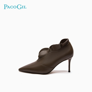 PACO GIL秋冬款优雅尖头细跟单鞋女复古真皮小V深口休闲高跟裸靴