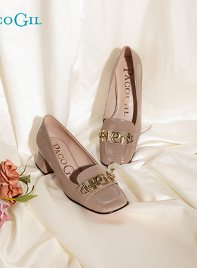 PACO GIL女鞋职业鞋2025年秋冬新款真皮优雅浅口纯色方头粗跟单鞋