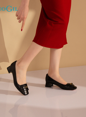 PACO GIL女鞋职业鞋2025年秋季新款真皮粗跟高跟方形饰扣气质单鞋
