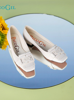 PACO GIL女鞋早春款真皮方扣流苏小香风晚晚鞋浅口方头平底单鞋女