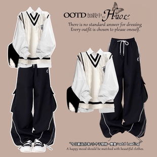 秋装搭配一整套学生高级感针织马甲长袖衬衫休闲工装裤三件套装女