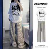 韩版 新款 学生宽松短袖 T恤 两件套潮 休闲运动套装 条纹阔腿裤 女夏季