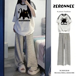 夏日小个子穿搭一整套休闲运动套装女灰色短袖T恤条纹长裤两件套