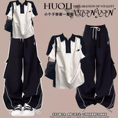 两件套 T恤学院风休闲运动工装 搭配一整套女宽松polo领短袖 裤 夏装