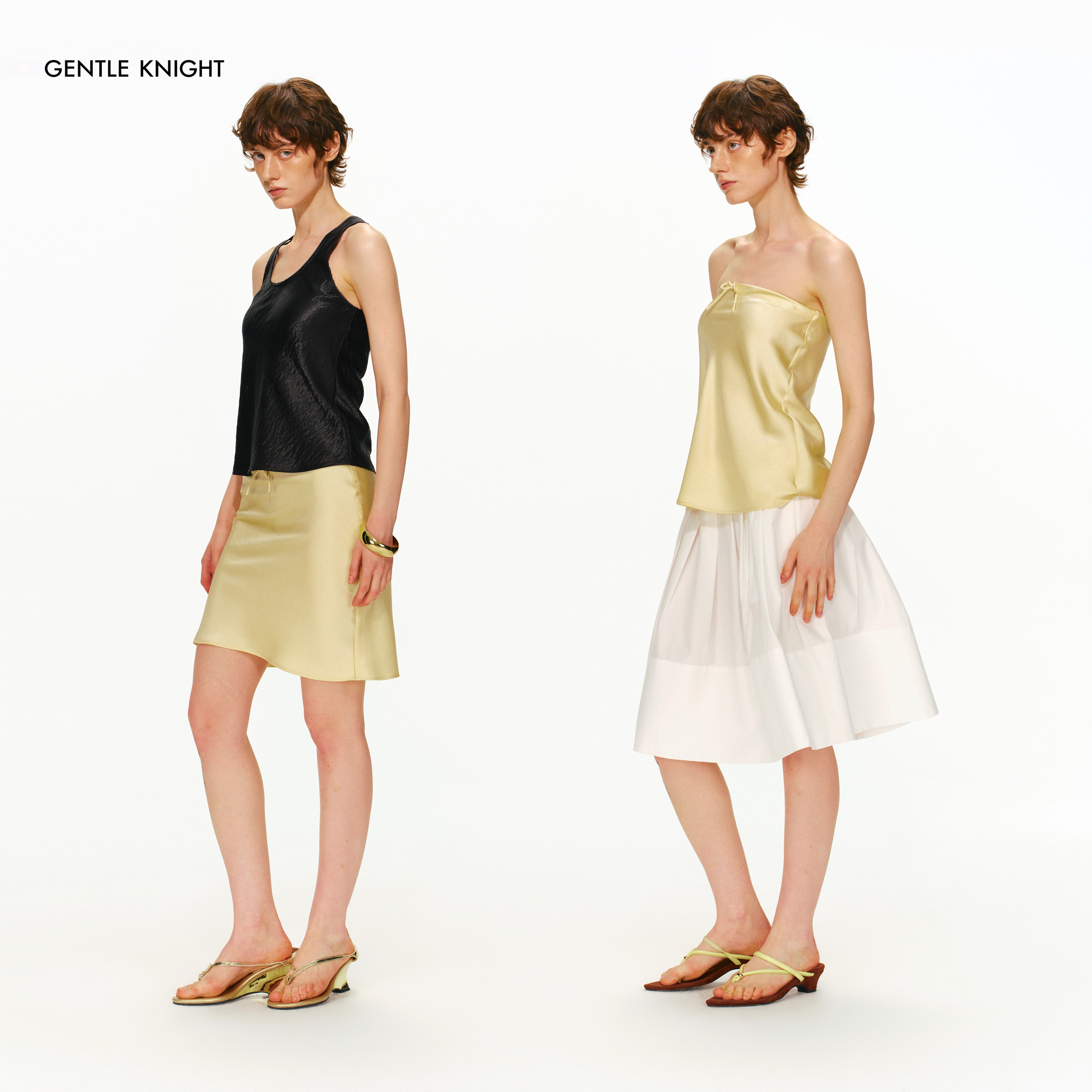 GENTLE KNIGHT 设计感通勤两穿缎面黄色蝴蝶结抹胸背心女修身半裙 - 实物图