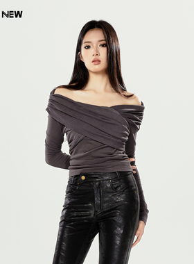 【限时清仓 不退不换】NIUNEW设计感斜肩上衣女针织T恤修身打底衫