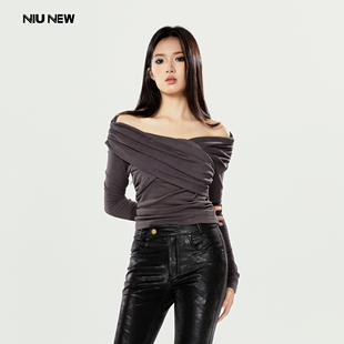 NIUNEW设计感斜肩上衣女针织T恤修身 不退不换 打底衫 限时清仓