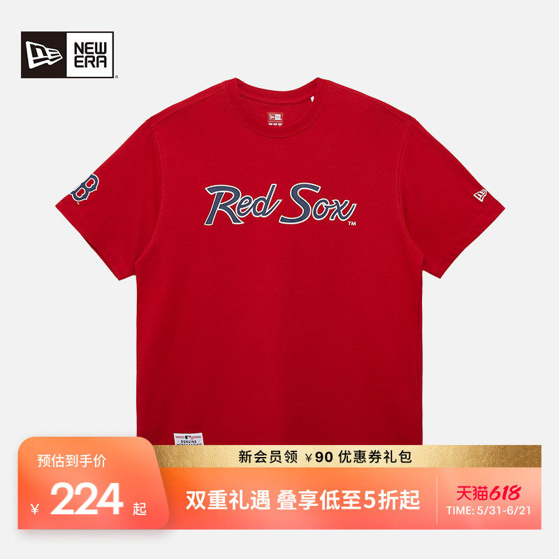New Era纽亦华春夏MLB复古短袖T恤圆领NY手写体印花宽松半袖