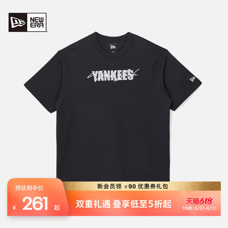 New Era纽亦华春夏MLB短袖T恤印花圆领上衣黑色男女 - 实物图