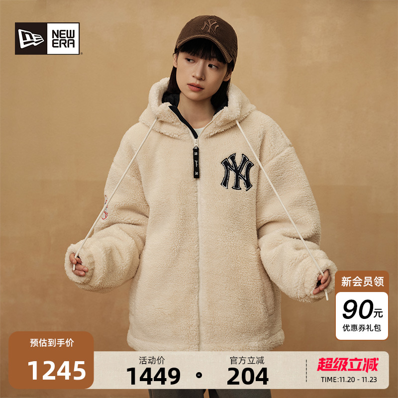 New Era纽亦华秋冬新款MLB仿羊羔绒NY刺绣外套连帽针织衫男女加厚