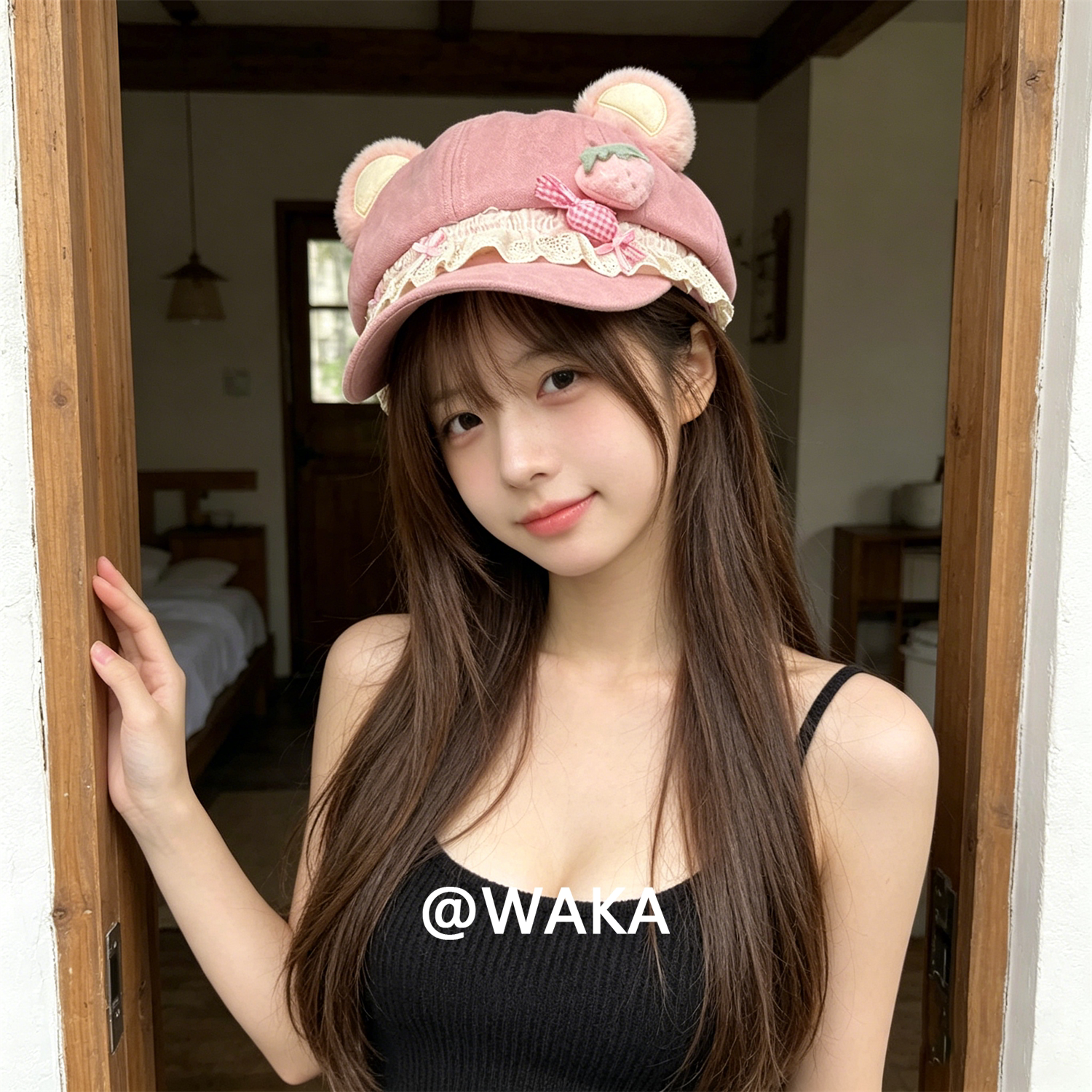 WAKA洛丽塔熊耳蕾丝八角帽