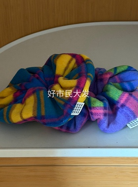 大发试验站 自制毛绒彩色格子大肠发圈高级感丸子头秋冬ins皮筋女