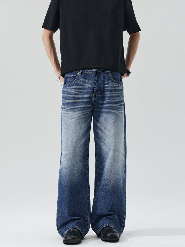 水洗微喇牛仔裤男帅气春夏秋四季潮宽松长裤子弯刀裤vibe高街搭配