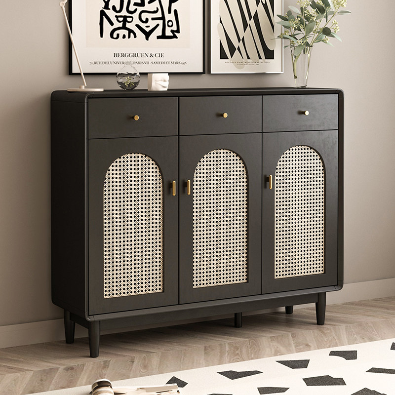 美式藤编鞋柜黑色侘寂风简约现代隔断鞋架靠墙一体入户楼道玄关柜