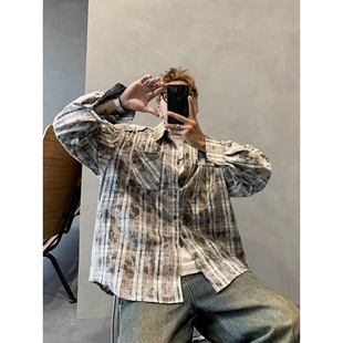 美式复古格子衬衫男女潮牌上衣宽松秋款长袖衬衫外套设计感上衣