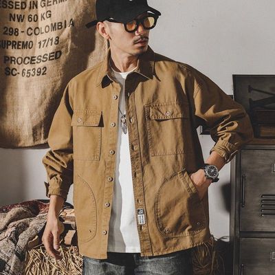 工装衬衫男美式复古驼色外套春秋2025年新款宽松山系硬汉衬衣夹克