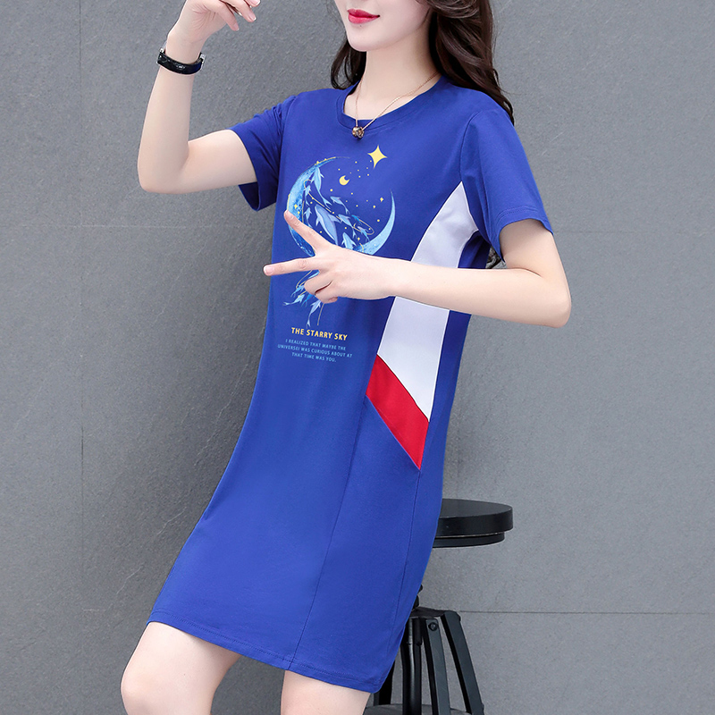 连衣裙2023新款女中长款夏季圆领遮肚子显瘦中裙宽松大码女装裙子