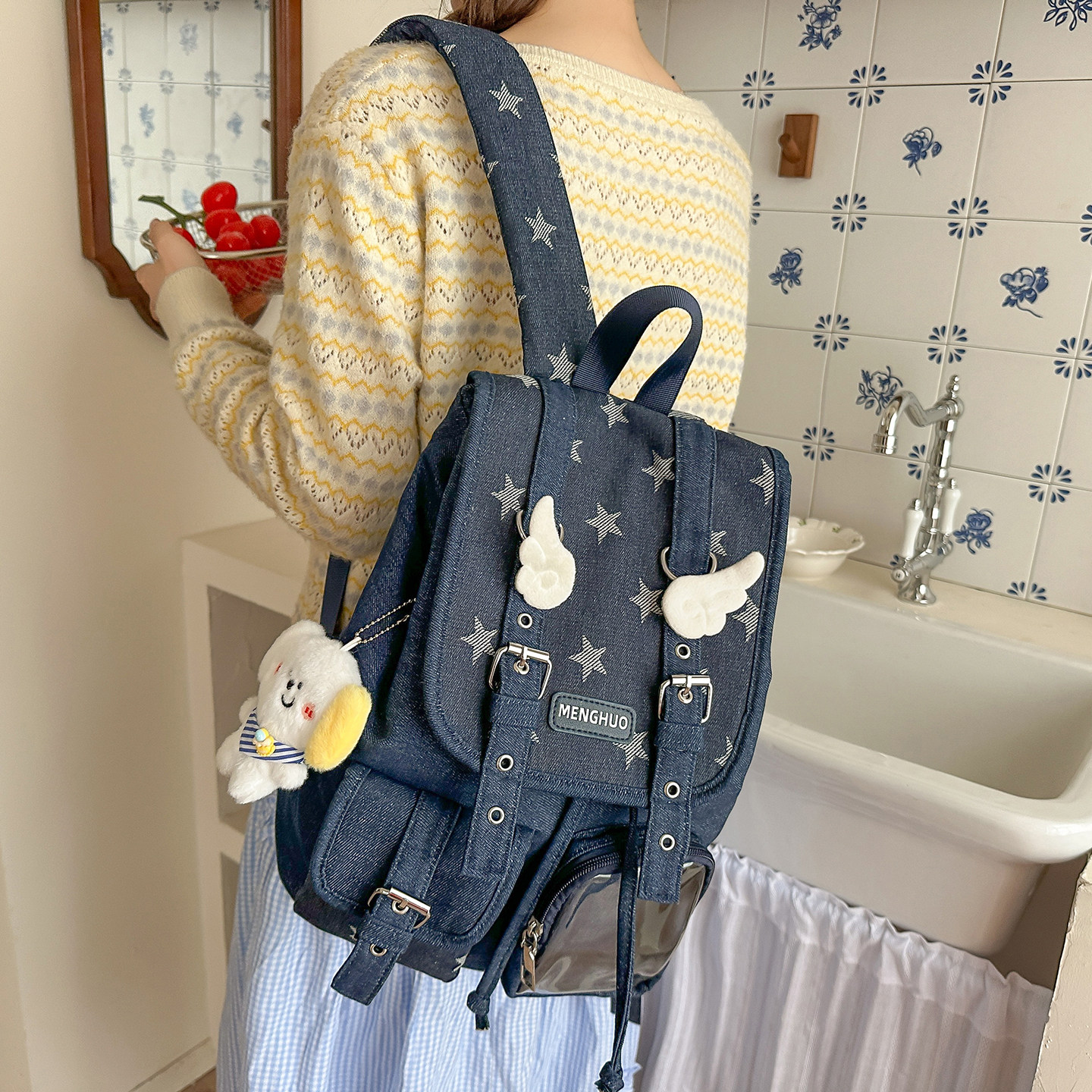 高颜值双肩包痛包潮韩系风书包女中学生甜酷风小众设感迷彩背包